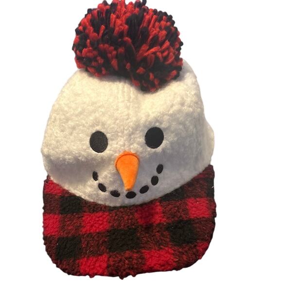 GUC Holiday Time Adjustable Sherpa Snowman Hat Buffalo Plaid Yarn Ball One Size - Picture 1 of 5